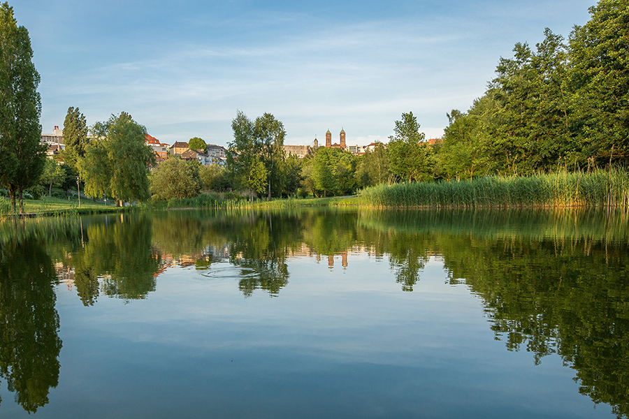 Strecktalpark Pirmasens mit Blick über den See in Richtung Stadt